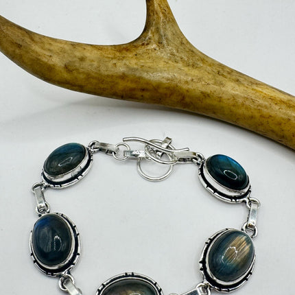 Vintage Rainbow Green Labradorite Silver Bracelet Silver Bronze