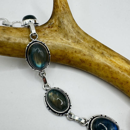 Vintage Rainbow Green Labradorite Silver Bracelet Silver Bronze