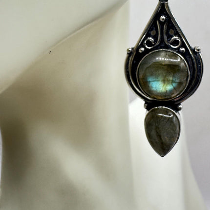 Vintage Labradorite Dangle Earrings Sterling Silver Leverbacks