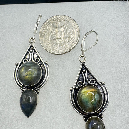 Vintage Labradorite Dangle Earrings Sterling Silver Leverbacks
