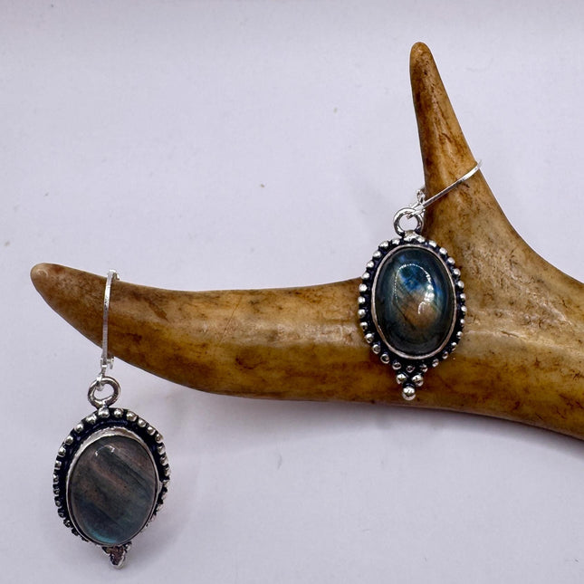 Vintage Labradorite Dangle Earrings Sterling Silver Leverbacks