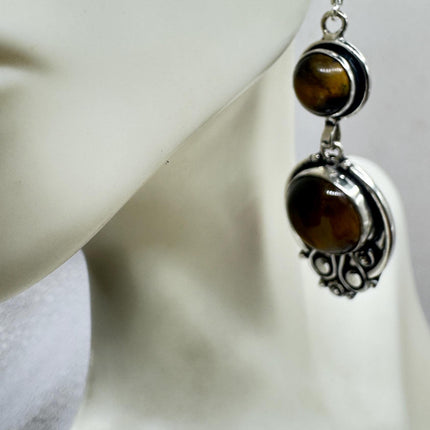 Vintage Tigers Eye Dangle Earrings Sterling Silver Leverbacks-Earrings-TomWayne Jewelers