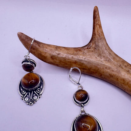 Vintage Tigers Eye Dangle Earrings Sterling Silver Leverbacks-Earrings-TomWayne Jewelers