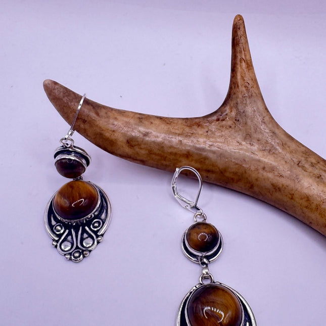 Vintage Tigers Eye Dangle Earrings Sterling Silver Leverbacks-Earrings-TomWayne Jewelers