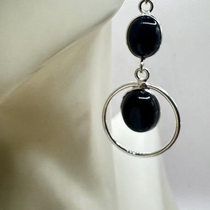 Vintage Black Onyx Dangle Earrings Sterling Silver Leverbacks