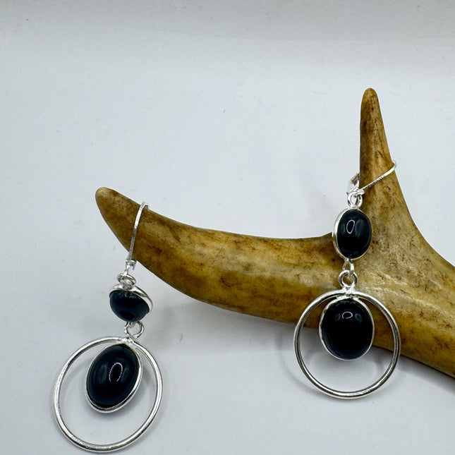 Vintage Black Onyx Dangle Earrings Sterling Silver Leverbacks