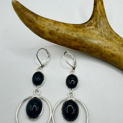 Vintage Black Onyx Dangle Earrings Sterling Silver Leverbacks
