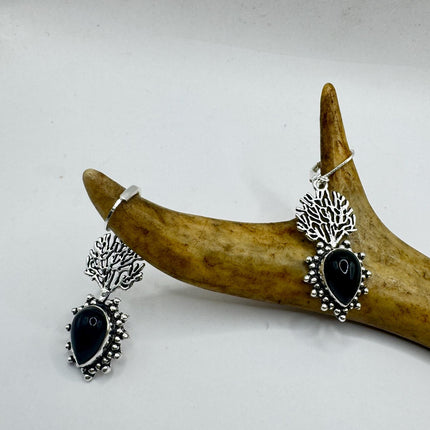 Vintage Black Onyx Dangle Earrings Sterling Silver Leverbacks