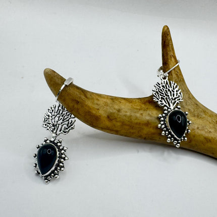 Vintage Black Onyx Dangle Earrings Sterling Silver Leverbacks