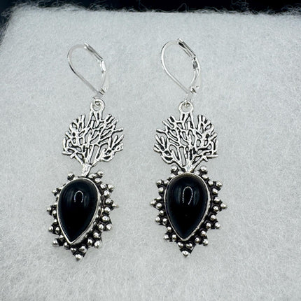 Vintage Black Onyx Dangle Earrings Sterling Silver Leverbacks