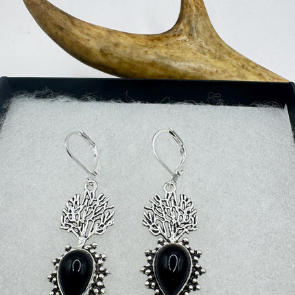 Vintage Black Onyx Dangle Earrings Sterling Silver Leverbacks