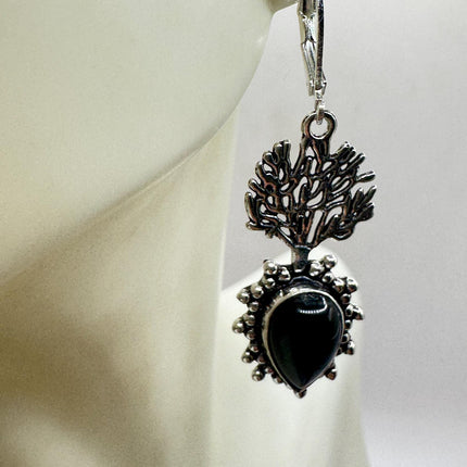 Vintage Black Onyx Dangle Earrings Sterling Silver Leverbacks