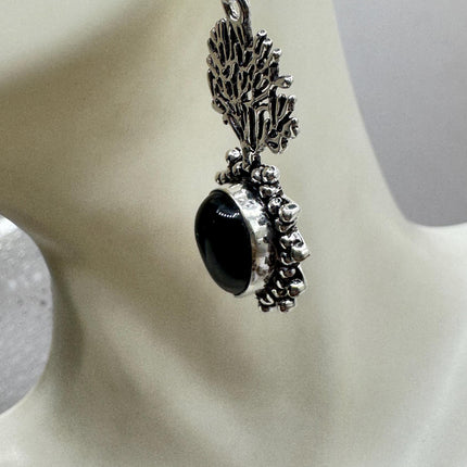 Vintage Black Onyx Dangle Earrings Sterling Silver Leverbacks
