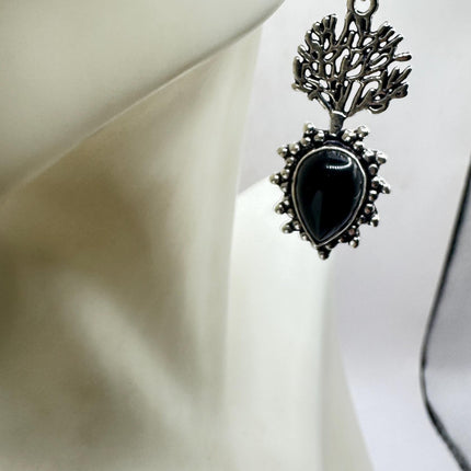 Vintage Black Onyx Dangle Earrings Sterling Silver Leverbacks