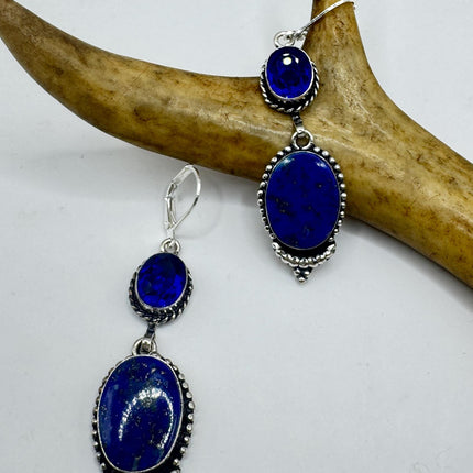 Vintage Blue Lapis Lazuli Dangle Earrings Sterling Silver Leverbacks