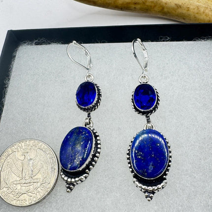 Vintage Blue Lapis Lazuli Dangle Earrings Sterling Silver Leverbacks
