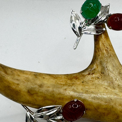 Vintage Green Nephrite Jade Carnelian Scarabs Screw Clip-On Earrings