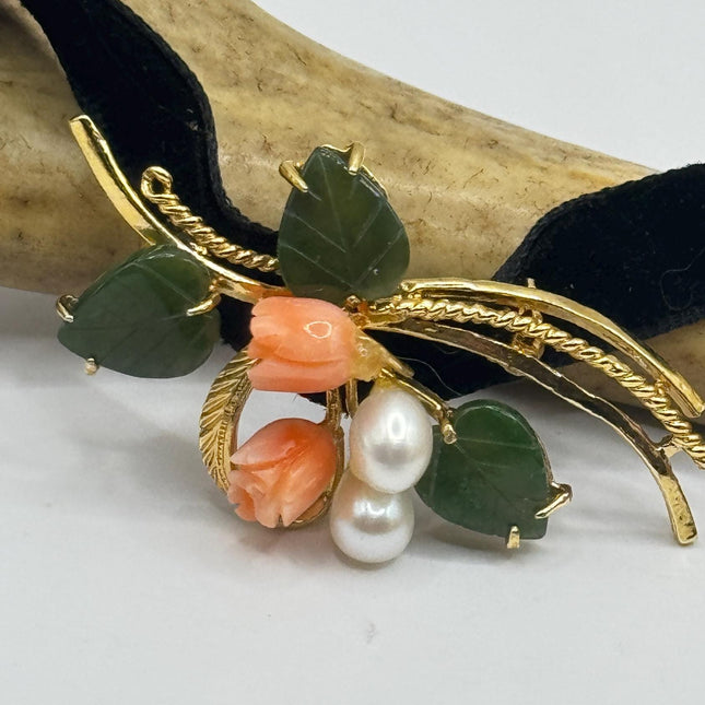 Vintage Jade Brooch – Gold Filled Pin With Coral Rose & Pearl On Velvet Choker-Pins and Brooches-TomWayne Jewelers