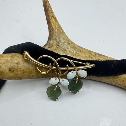 Vintage Green Jade White Opal Brooch: Gold Filled Velvet Choker