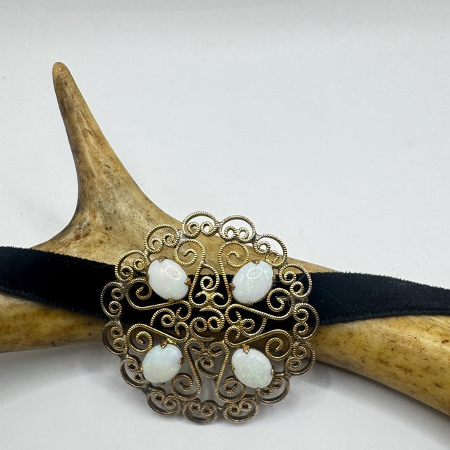 Vintage Opal Brooch - Gold Filled Brooch With White Opal Pin Set On Velvet Choker-Pins and Brooches-TomWayne Jewelers