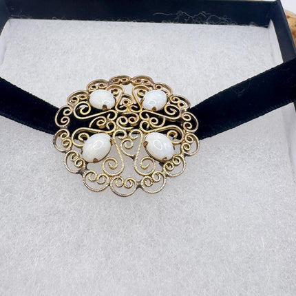Vintage White Opal Brooch: Gold Filled Velvet Choker