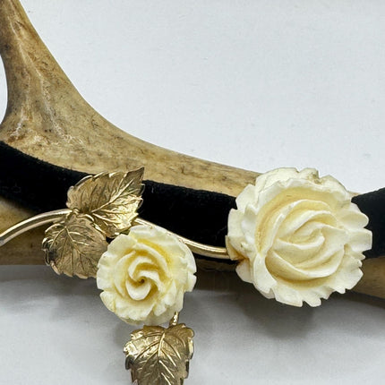 Vintage Ivory Flower Rose Brooch Pin Gold Filled