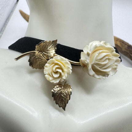 Vintage Ivory Flower Rose Brooch Pin Gold Filled
