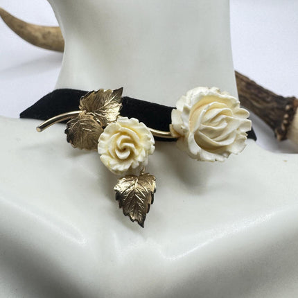 Vintage Ivory Flower Rose Brooch Pin Gold Filled