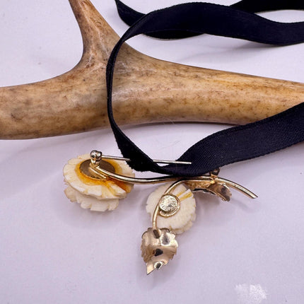 Vintage Ivory Flower Rose Brooch Pin Gold Filled