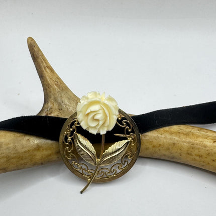 Vintage Ivory Flower Rose Brooch Pin Gold Filled