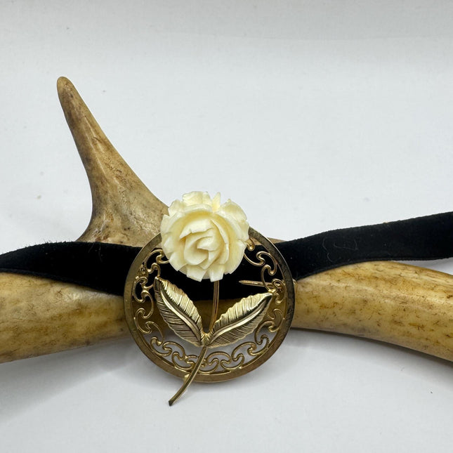 Vintage Ivory Flower Rose Brooch Pin Gold Filled
