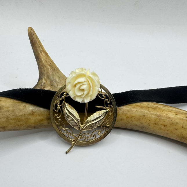 Vintage Rose Brooch – Ivory Flower Pin With Gold Filled Setting & Pearl Accent-Pins and Brooches-TomWayne Jewelers