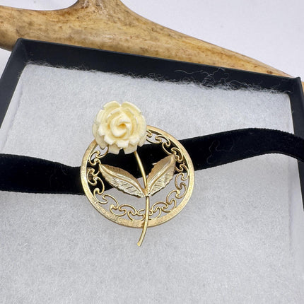 Vintage Ivory Flower Rose Brooch Pin Gold Filled