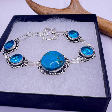 Vintage Turquoise Bracelet – Adjustable Silver Bronze Aqua Glass Jewelry-Bracelets-TomWayne Jewelers