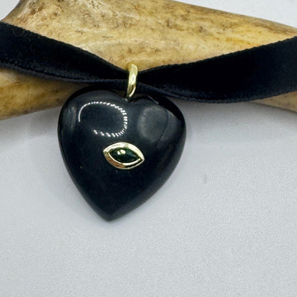 Black Onyx Choker – Vintage Heart Pendant Necklace with Green Chrome Diopside Eye-Necklaces-TomWayne Jewelers