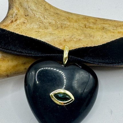 Black Onyx Choker – Vintage Heart Pendant Necklace with Green Chrome Diopside Eye-Necklaces-TomWayne Jewelers