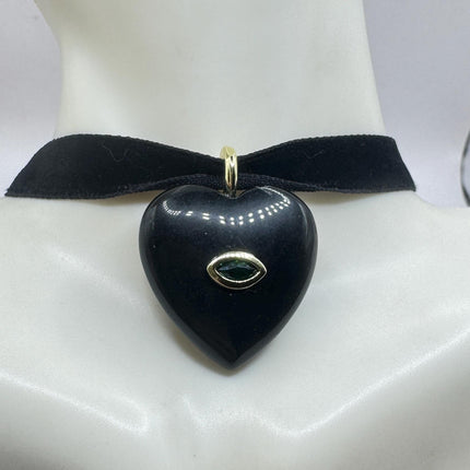 Black Onyx Choker – Vintage Heart Pendant Necklace with Green Chrome Diopside Eye-Necklaces-TomWayne Jewelers