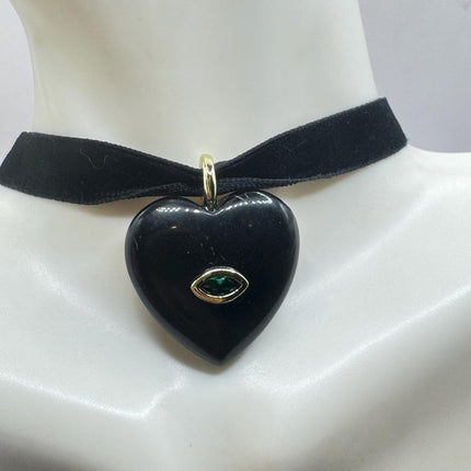 Black Onyx Choker – Vintage Heart Pendant Necklace with Green Chrome Diopside Eye-Necklaces-TomWayne Jewelers