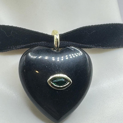 Black Onyx Choker – Vintage Heart Pendant Necklace with Green Chrome Diopside Eye-Necklaces-TomWayne Jewelers