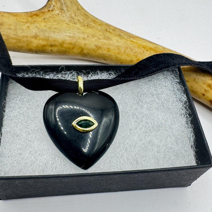 Black Onyx Choker – Vintage Heart Pendant Necklace with Green Chrome Diopside Eye-Necklaces-TomWayne Jewelers