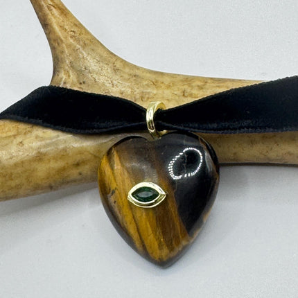 Tigers Eye Choker Vintage Heart Necklace - Black Velvet Bronze Gold Finish-Necklaces-TomWayne Jewelers