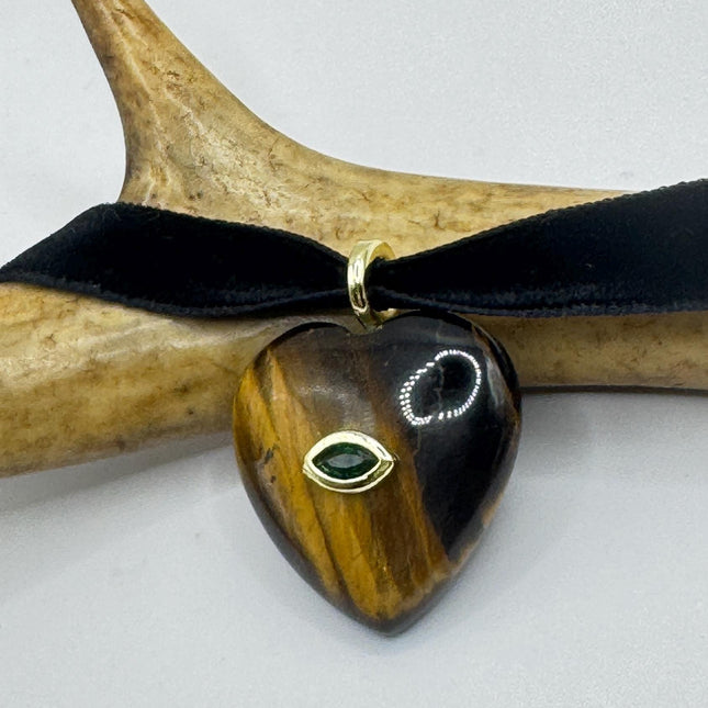 Tigers Eye Choker Vintage Heart Necklace - Black Velvet Bronze Gold Finish-Necklaces-TomWayne Jewelers