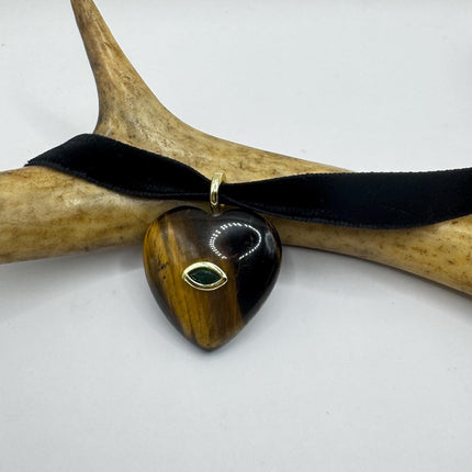 Tigers Eye Choker Vintage Heart Necklace - Black Velvet Bronze Gold Finish-Necklaces-TomWayne Jewelers