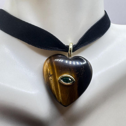 Tigers Eye Choker Vintage Heart Necklace - Black Velvet Bronze Gold Finish-Necklaces-TomWayne Jewelers