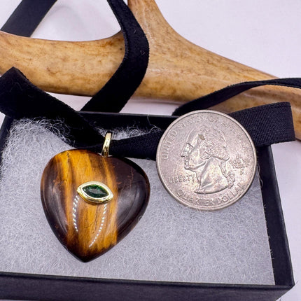 Tigers Eye Choker Vintage Heart Necklace - Black Velvet Bronze Gold Finish-Necklaces-TomWayne Jewelers