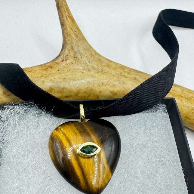 Tigers Eye Choker Vintage Heart Necklace - Black Velvet Bronze Gold Finish-Necklaces-TomWayne Jewelers