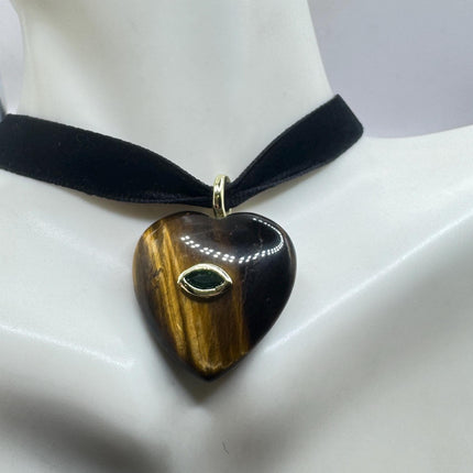 Tigers Eye Choker Vintage Heart Necklace - Black Velvet Bronze Gold Finish-Necklaces-TomWayne Jewelers