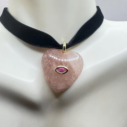 Rose Quartz Choker – Vintage Pink Heart Necklace With Ruby Evil Eye Charm-Necklaces-TomWayne Jewelers