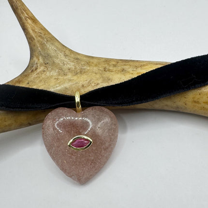 Rose Quartz Choker – Vintage Pink Heart Necklace With Ruby Evil Eye Charm-Necklaces-TomWayne Jewelers