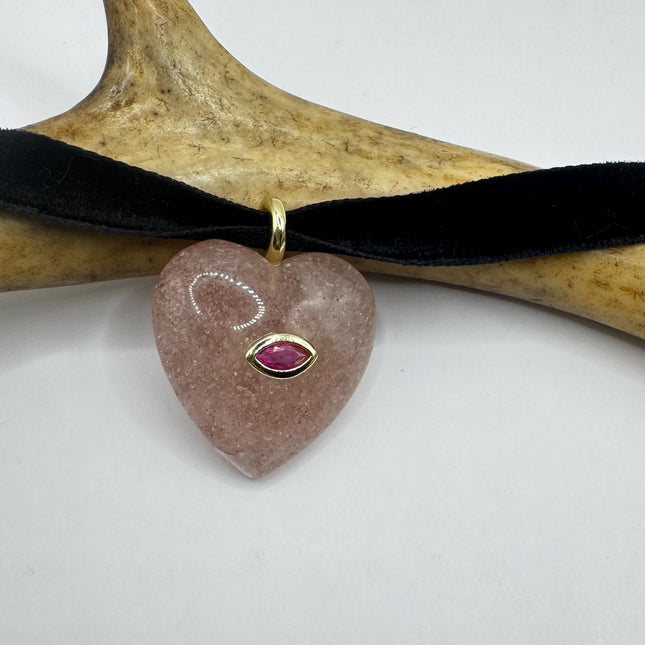 Rose Quartz Choker – Vintage Pink Heart Necklace With Ruby Evil Eye Charm-Necklaces-TomWayne Jewelers